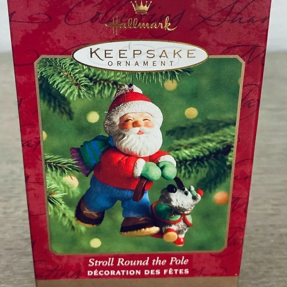 Hallmark Stroll Around the Pole Dog Walk Santa Christmas Vintage Ornament 2000